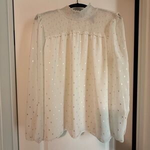 White House Black Market Cream Embellished Mandarin Collar Blouse